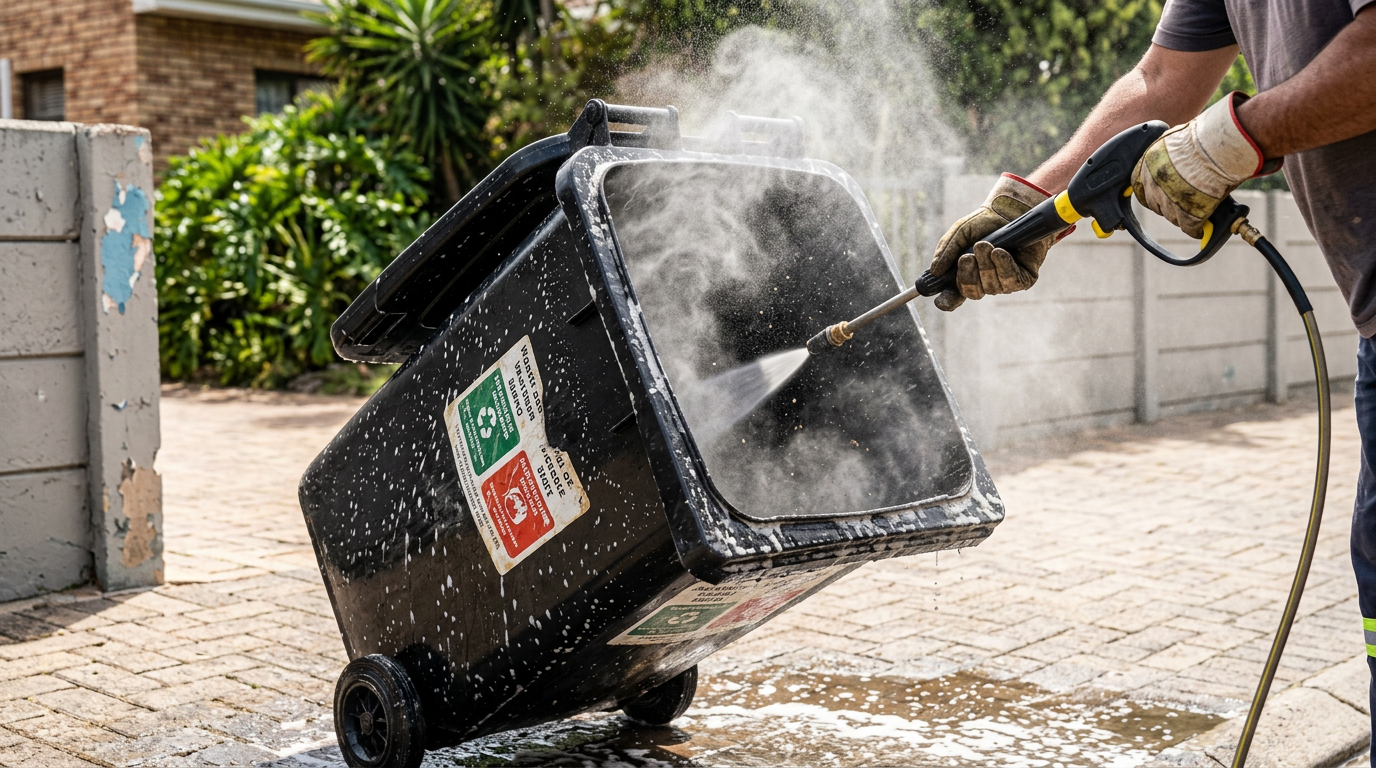 Homecare 360 operator pressure washing a wheelie bin