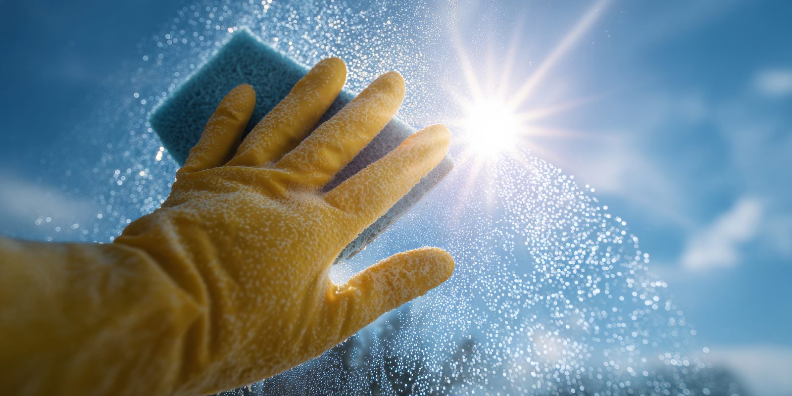 Gloved hand washing a window with a sponge in the sunshine